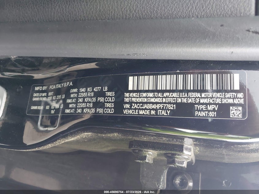 2017 Jeep Renegade VIN ZACCJABB4HPF77621 IAAI salvage auction — NORMAL WEAR, Repossession Paperwork (Georgia), sold $3,000 on 2026-08-19 (photo 9)