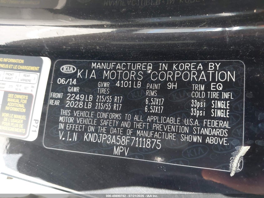 2015 Kia Soul VIN KNDJP3A58F7111875 IAAI salvage auction — NORMAL WEAR, Clear - Dealer Only (California), sold $950 on 2026-07-30 (photo 9)