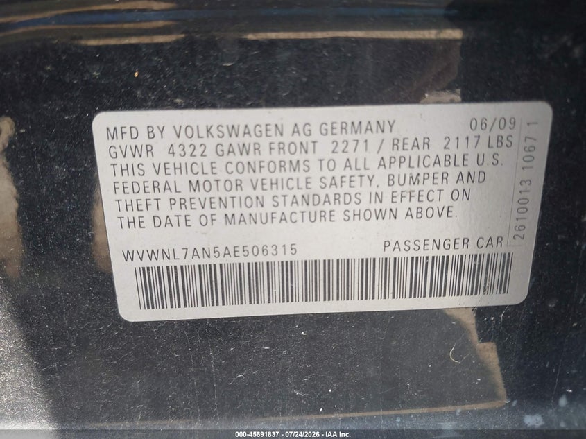 2010 Volkswagen Cc VIN WVWNL7AN5AE506315 IAAI salvage auction — FRONT END, Salvage (Ohio), sold $575 on 2026-08-20 (photo 9)