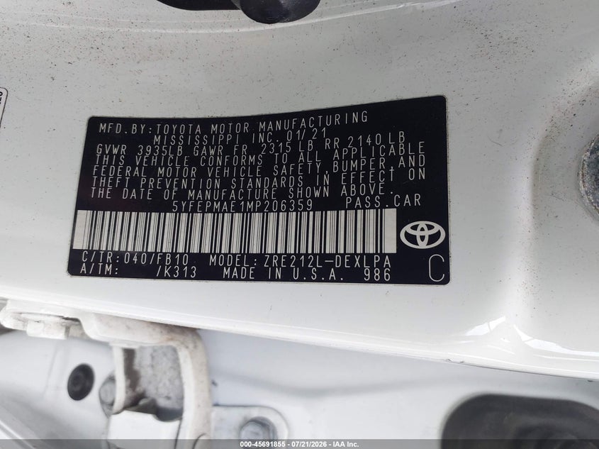 2021 Toyota Corolla VIN 5YFEPMAE1MP206359 IAAI salvage auction — RIGHT FRONT, Salvage Title, sold $1,300 on 2026-07-29 (photo 9)