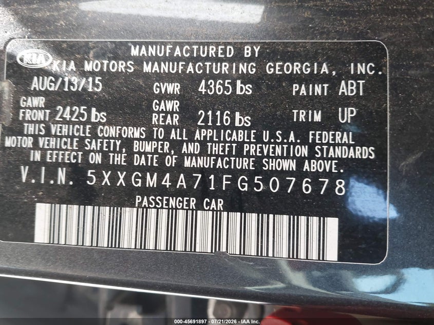 2015 Kia Optima VIN 5XXGM4A71FG507678 IAAI salvage auction — NORMAL WEAR, Salvage Title, sold $25 on 2026-07-29 (photo 9)