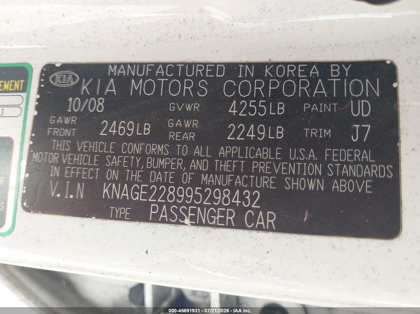 2009 Kia Optima VIN KNAGE228995298432 IAAI salvage auction — NORMAL WEAR, Clear (Florida), sold $325 on 2026-07-23 (photo 9)