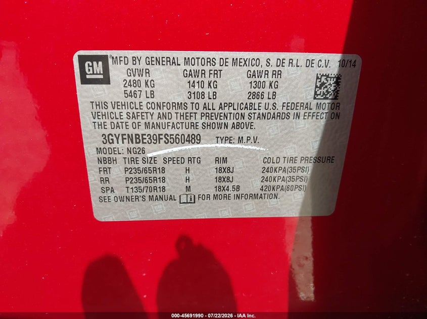 2015 Cadillac Srx VIN 3GYFNBE39FS560489 IAAI salvage auction — FRONT END, Original (Texas), sold $3,250 on 2026-08-27 (photo 9)