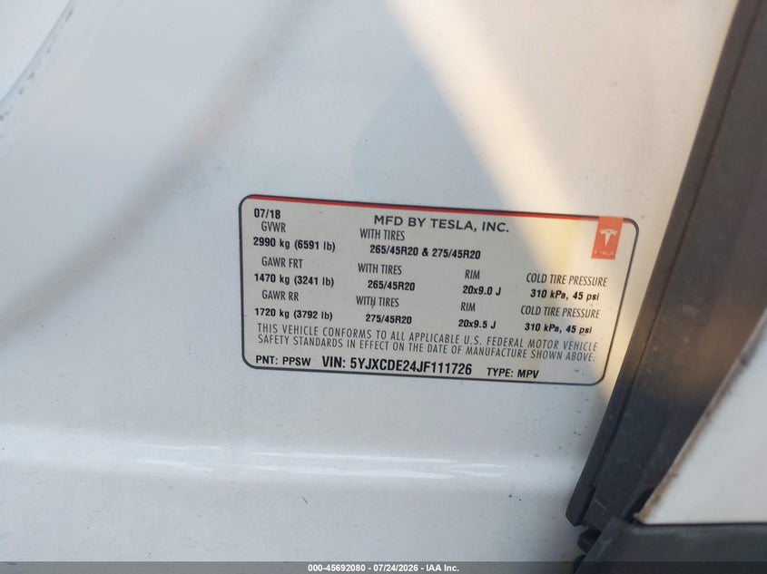 2018 Tesla Model x VIN 5YJXCDE24JF111726 IAAI salvage auction — FRONT END, Wait Title, sold $10,350 on 2026-10-15 (photo 9)