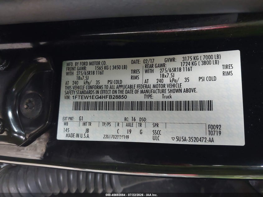 2017 Ford F-150 VIN 1FTEW1EG4HFB28850 IAAI salvage auction — RIGHT FRONT, Wait Title, sold $5,700 on 2026-08-06 (photo 9)