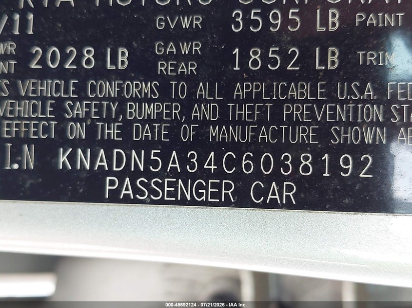2012 Kia Rio VIN KNADN5A34C6038192 IAAI salvage auction — NORMAL WEAR, Clear (Maryland), sold $125 on 2026-07-23 (photo 9)
