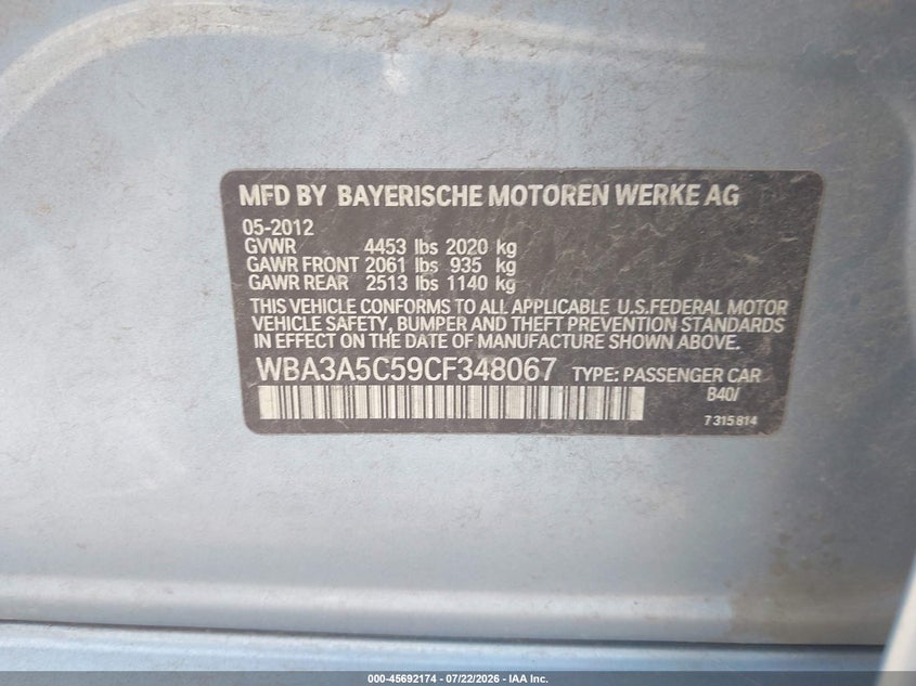 2012 BMW 3er VIN WBA3A5C59CF348067 IAAI salvage auction — REAR END, Salvage Title, sold $1,000 on 2026-08-23 (photo 9)