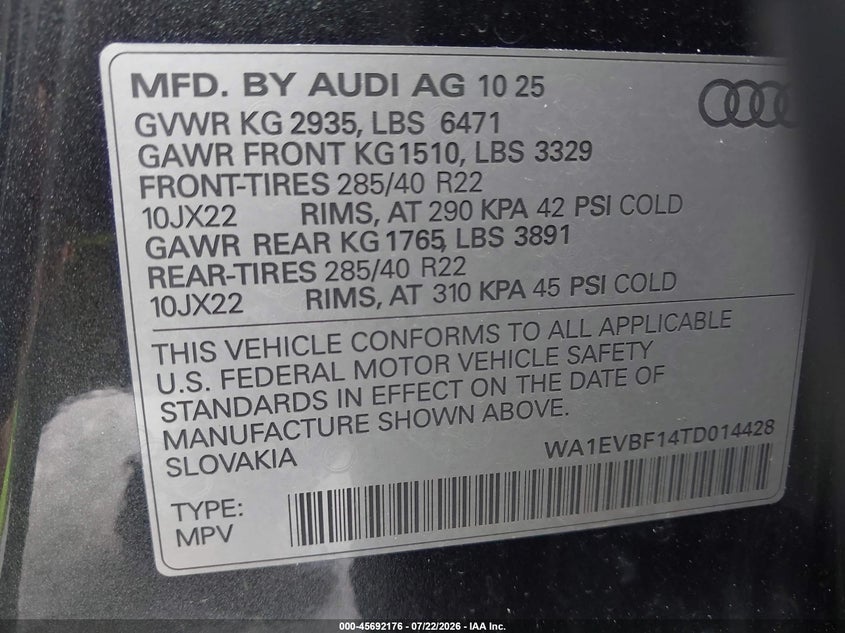 2026 Audi Q8 VIN WA1EVBF14TD014428 IAAI salvage auction — Roof, Salvage, sold $2,550 on 2026-08-31 (photo 9)