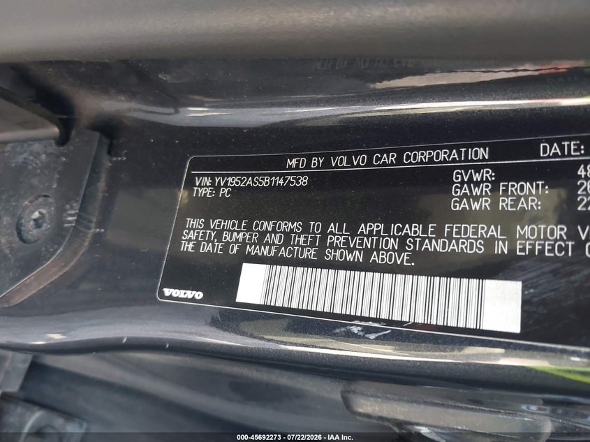 2011 Volvo S80 VIN YV1952AS5B1147538 IAAI salvage auction — REAR END, Salvage (Texas), sold $550 on 2026-08-11 (photo 9)