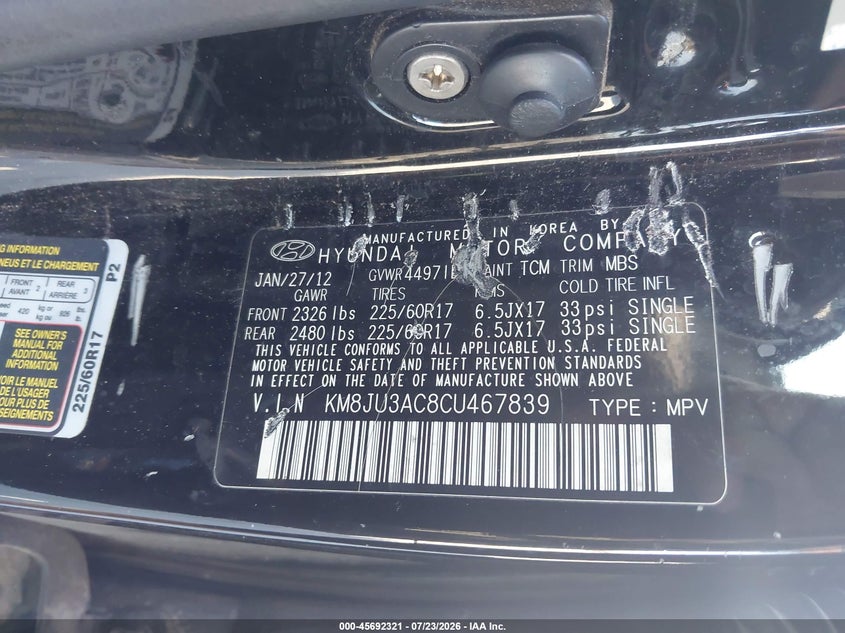 2012 Hyundai Tucson VIN KM8JU3AC8CU467839 IAAI salvage auction — NORMAL WEAR, Clear (Florida), sold $1,150 on 2026-07-29 (photo 9)