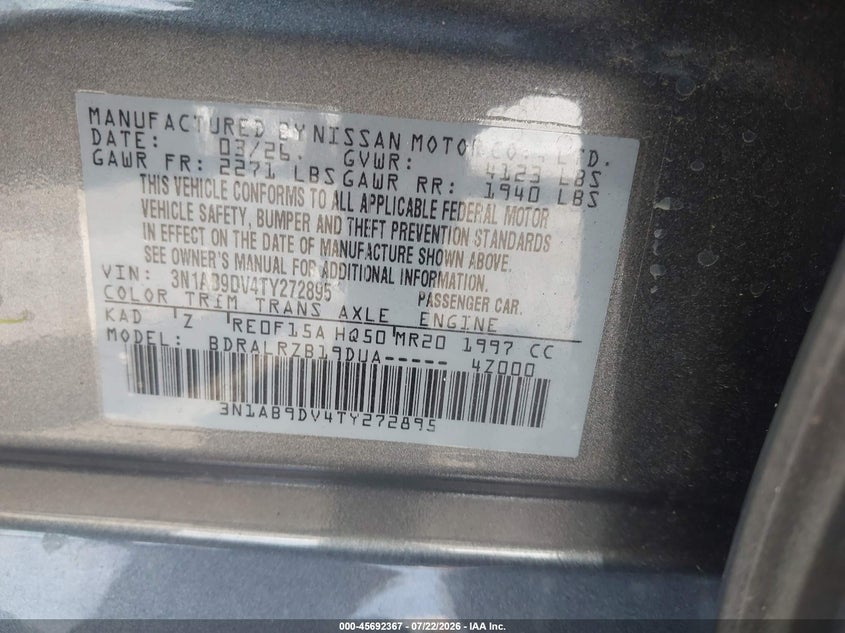 2026 Nissan Sentra VIN 3N1AB9DV4TY272895 IAAI salvage auction — FRONT END, Enterprise Vehicles Clear Only (Alabama), sold $10,200 on 2026-07-29 (photo 9)