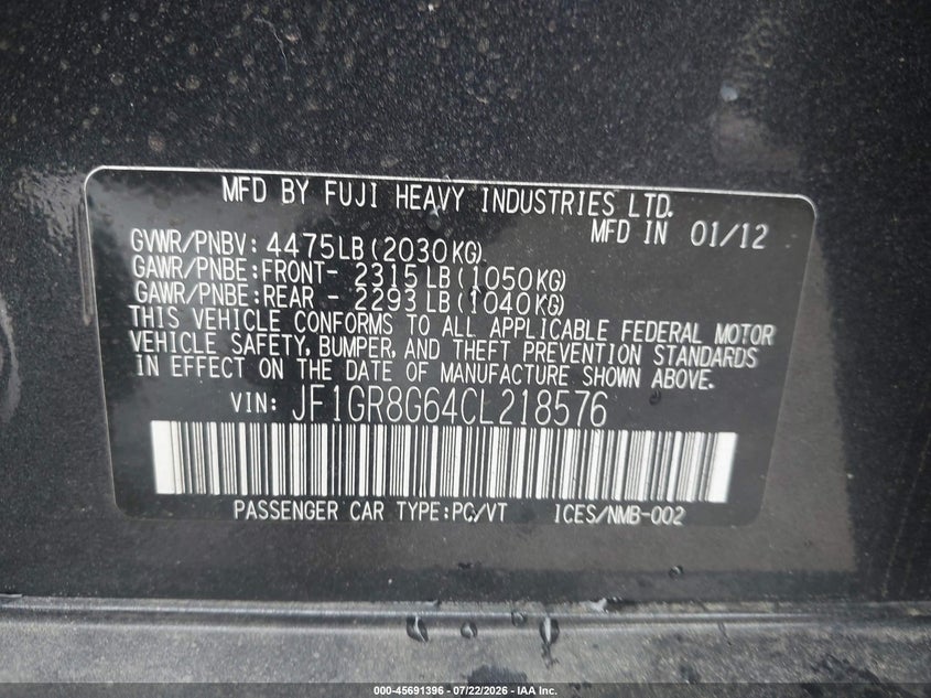 2012 Subaru Wrx sti VIN JF1GR8G64CL218576 IAAI salvage auction — LEFT FRONT, Wait Title, sold $5,500 on 2026-08-02 (photo 9)