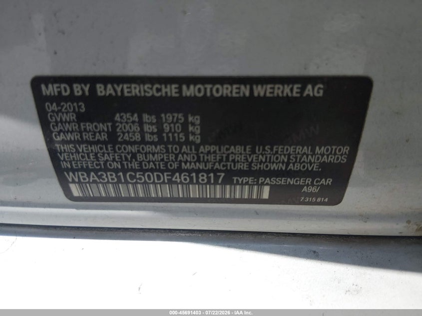 2013 BMW 3 series VIN WBA3B1C50DF461817 IAAI salvage auction — NORMAL WEAR, Original (Texas), sold $1,750 on 2026-08-10 (photo 9)