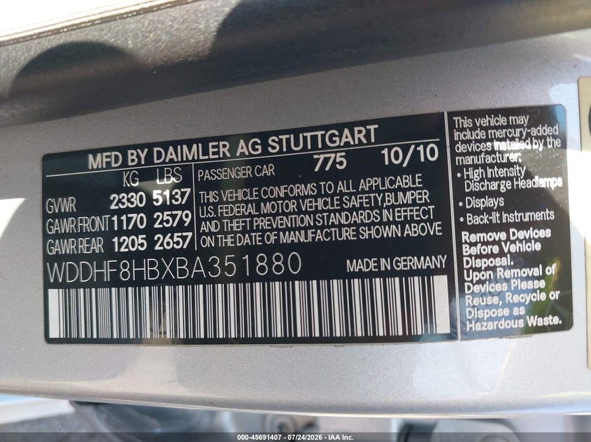 2011 Mercedes-benz E-class VIN WDDHF8HBXBA351880 IAAI salvage auction — FRONT END, Salvage - Greater Than 75% (Maryland), sold $600 on 2026-08-18 (photo 9)