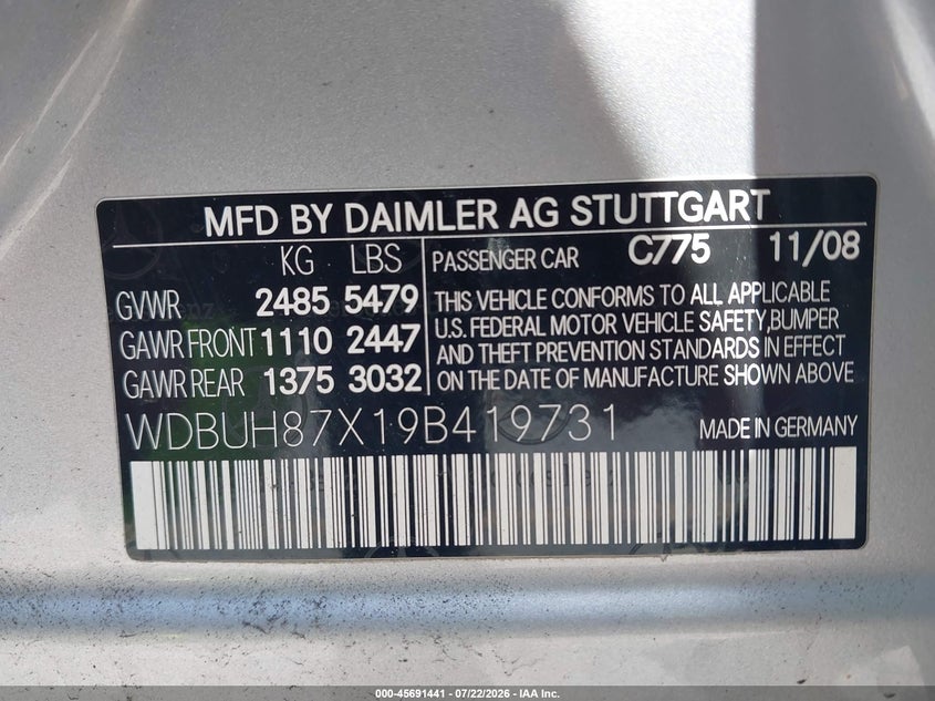 2009 Mercedes-benz E-class VIN WDBUH87X19B419731 IAAI salvage auction — NORMAL WEAR, Clear (Michigan), sold $425 on 2026-08-24 (photo 9)