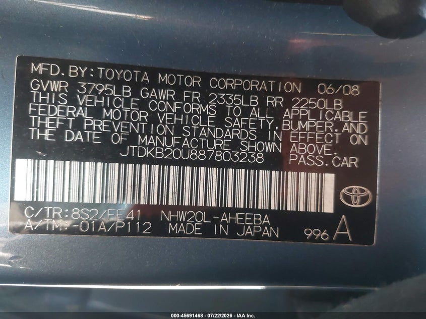 2008 Toyota Prius VIN JTDKB20U887803238 IAAI salvage auction — NORMAL WEAR, Clear (Maryland), sold $3,150 on 2026-07-28 (photo 9)