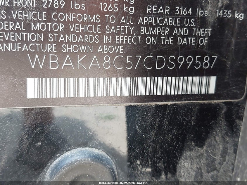 2012 BMW 7er VIN WBAKA8C57CDS99587 IAAI salvage auction — NORMAL WEAR, Clear (Maryland), sold $1,600 on 2026-07-30 (photo 9)