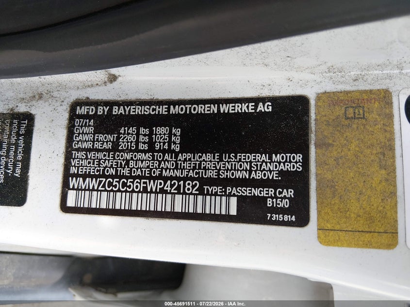 2015 Mini Countryman VIN WMWZC5C56FWP42182 IAAI salvage auction — NORMAL WEAR, Clear (Massachusetts), sold $25 on 2026-07-29 (photo 9)