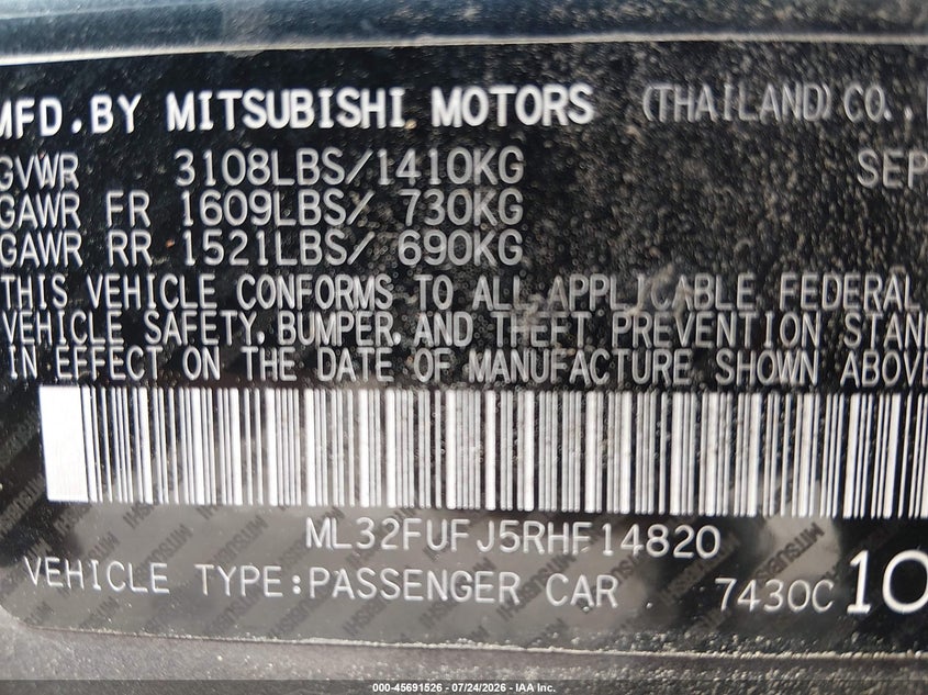 2024 Mitsubishi Mirage VIN ML32FUFJ5RHF14820 IAAI salvage auction — FRONT END, Salvage Title, sold $875 on 2026-08-27 (photo 9)