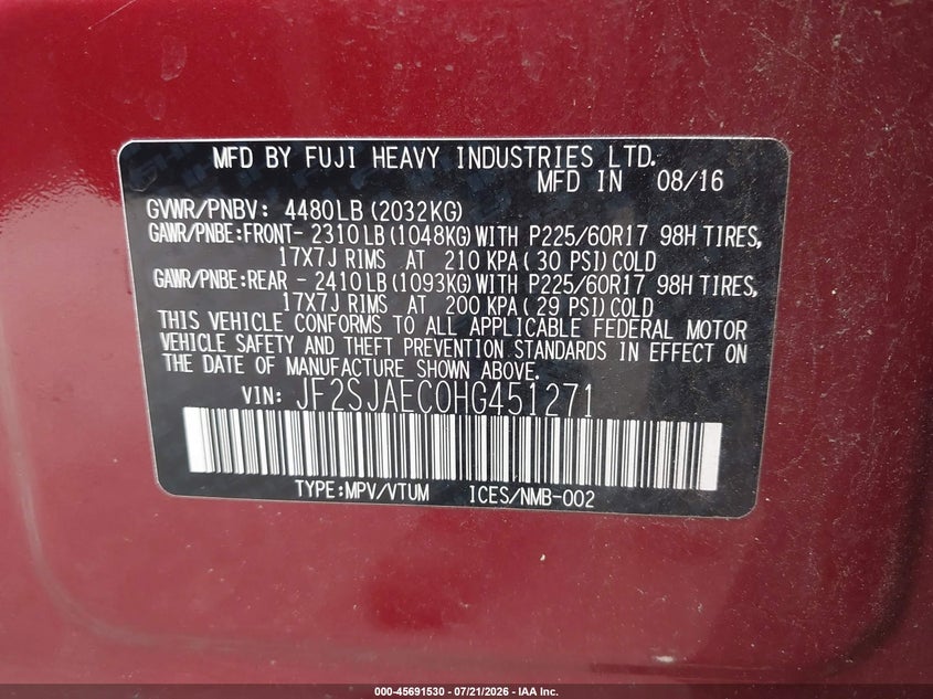2017 Subaru Forester VIN JF2SJAEC0HG451271 IAAI salvage auction — NORMAL WEAR, Clear (Maryland), sold $3,450 on 2026-07-23 (photo 9)
