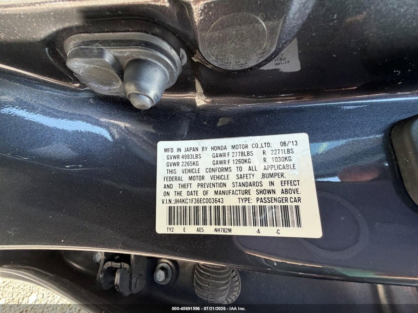 2014 Acura RLX VIN JH4KC1F36EC003643 IAAI salvage auction — RIGHT FRONT, Clear (New York), sold $375 on 2026-07-30 (photo 9)