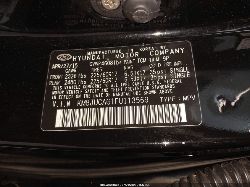 2015 Hyundai Tucson VIN KM8JUCAG1FU113569 IAAI salvage auction — FRONT END, Salvage Title, sold $1,700 on 2026-08-01 (photo 9)