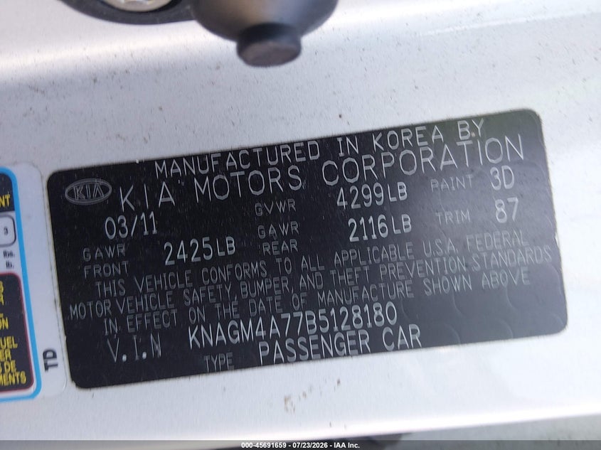 2011 Kia Optima VIN KNAGM4A77B5128180 IAAI salvage auction — REAR END, Salvage (Pennsylvania), sold $450 on 2026-07-31 (photo 9)