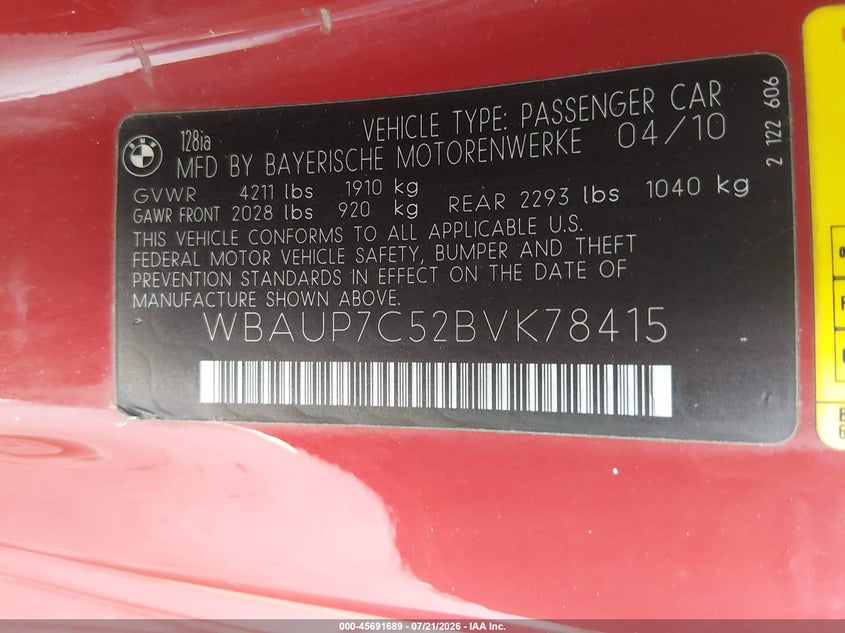 2011 BMW 1 series VIN WBAUP7C52BVK78415 IAAI salvage auction — NORMAL WEAR, Clear (Indiana), sold $2,075 on 2026-08-03 (photo 9)