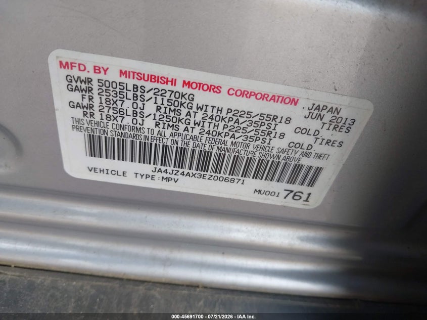 2014 Mitsubishi Outlander VIN JA4JZ4AX3EZ006871 IAAI salvage auction — NORMAL WEAR, Clear (Pennsylvania), sold $475 on 2026-07-31 (photo 9)