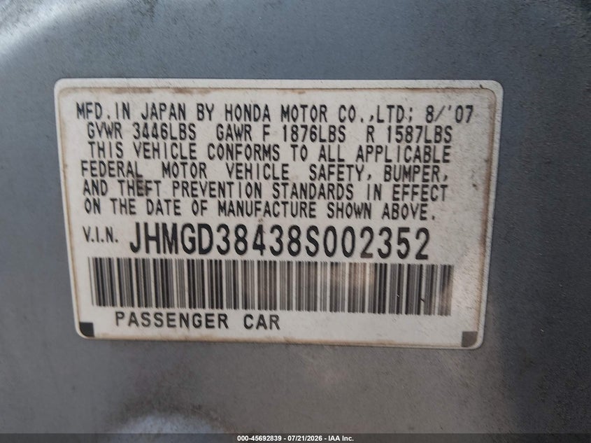 2008 Honda Fit VIN JHMGD38438S002352 IAAI salvage auction — NORMAL WEAR, Clear (Virginia), sold $300 on 2026-07-28 (photo 9)