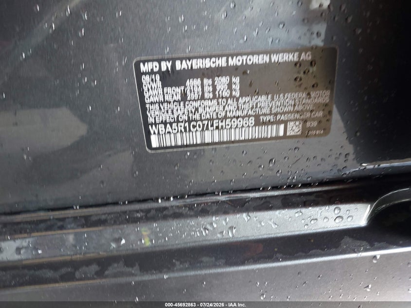 2020 BMW 3er VIN WBA5R1C07LFH59968 IAAI salvage auction — REAR END, Wait Title, sold $13,600 on 2026-08-19 (photo 9)