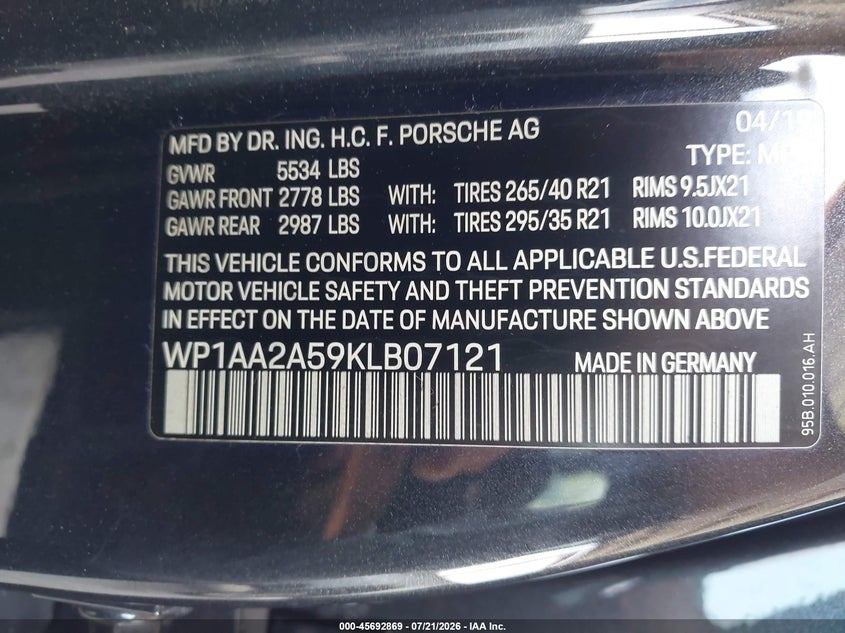 2019 Porsche Macan VIN WP1AA2A59KLB07121 IAAI salvage auction — FRONT END, Rebuildable (Florida), sold $16,700 on 2026-08-18 (photo 9)