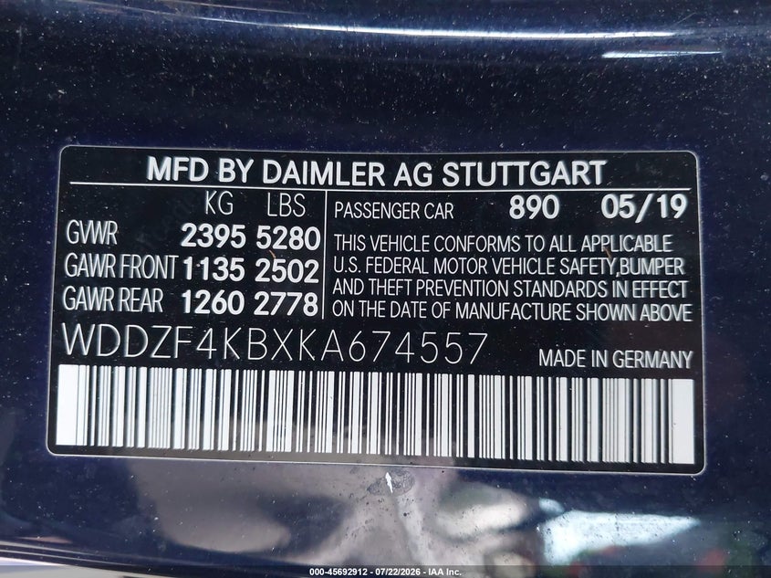 2019 Mercedes-benz E-klasse VIN WDDZF4KBXKA674557 IAAI salvage auction — REAR END, Salvage Title, sold $12,700 on 2026-08-17 (photo 9)