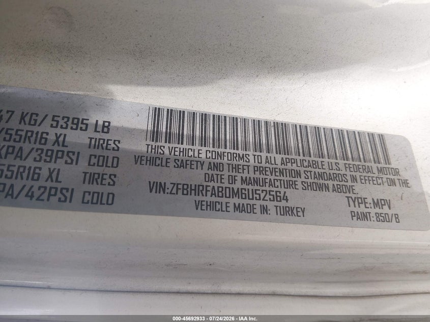 2021 Ram Promaster city VIN ZFBHRFAB0M6U52564 IAAI salvage auction — FRONT END, Salvage Title, sold $2,650 on 2026-07-31 (photo 9)
