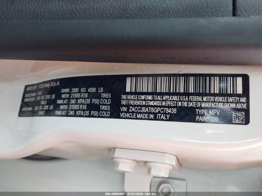 2016 Jeep Renegade VIN ZACCJBAT6GPC78436 IAAI salvage auction — LEFT FRONT, Salvage Title, sold $1,200 on 2026-08-11 (photo 9)