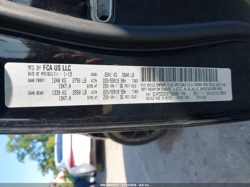 2019 Dodge Journey VIN 3C4PDDEG1KT702009 IAAI salvage auction — FRONT END, Wait Title, sold $2,600 on 2026-08-22 (photo 9)