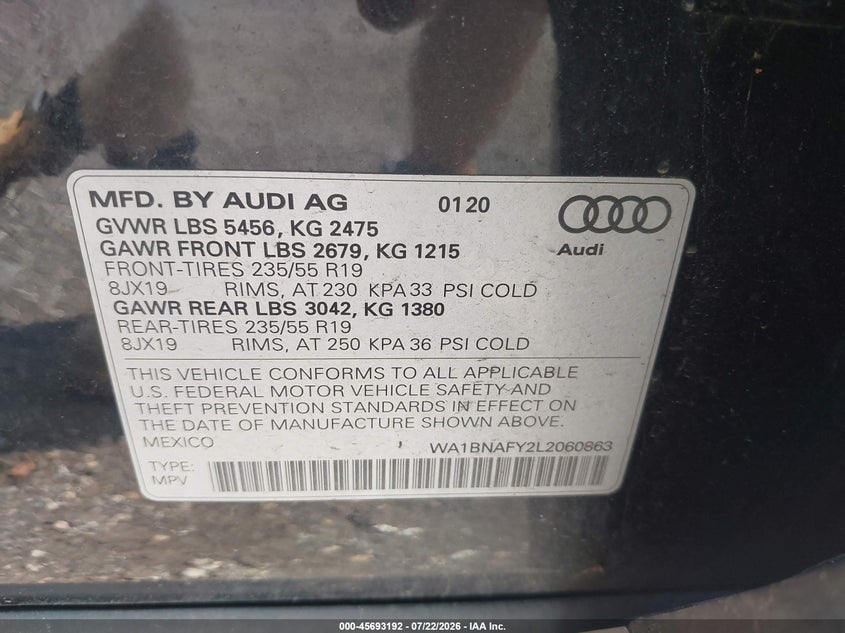 2020 Audi Q5 VIN WA1BNAFY2L2060863 IAAI salvage auction — FRONT END, Mv-907A (New York), sold $6,500 on 2026-07-28 (photo 9)