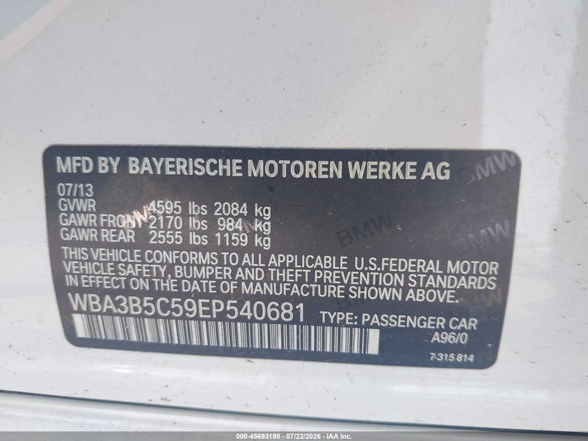 2014 BMW 3er VIN WBA3B5C59EP540681 IAAI salvage auction — FRONT END, Salvage Title, sold $2,325 on 2026-08-10 (photo 9)