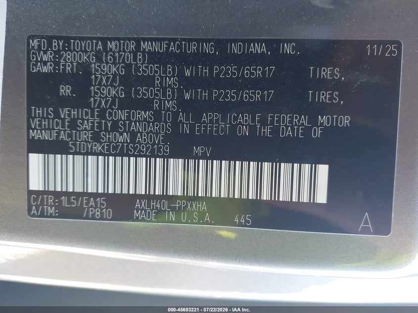 2026 Toyota Sienna VIN 5TDYRKEC7TS292139 IAAI salvage auction — LEFT SIDE, Enterprise Vehicles Clear Only (Washington), sold $35,750 on 2026-07-29 (photo 9)