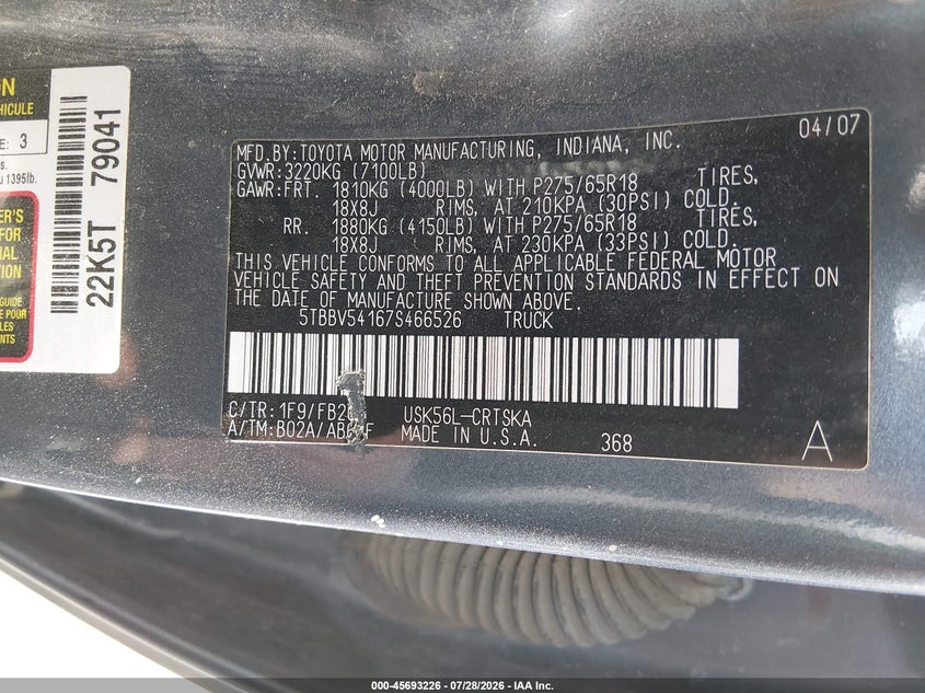 2007 Toyota Tundra VIN 5TBBV54167S466526 IAAI salvage auction — REAR END, Salvage (Utah), sold $3,900 on 2026-08-14 (photo 9)