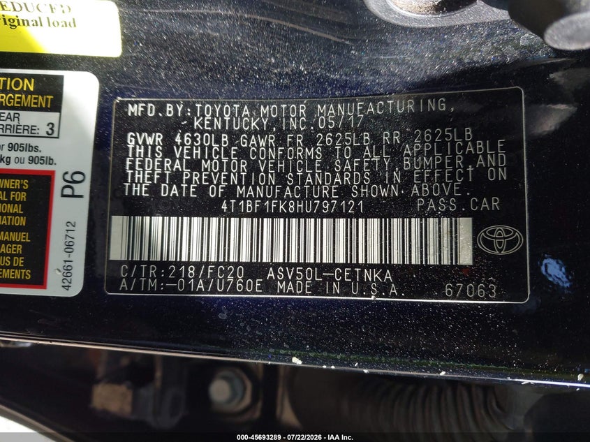 2017 Toyota Camry VIN 4T1BF1FK8HU797121 IAAI salvage auction — FRONT END, Salvage (Texas), sold $2,825 on 2026-08-17 (photo 9)