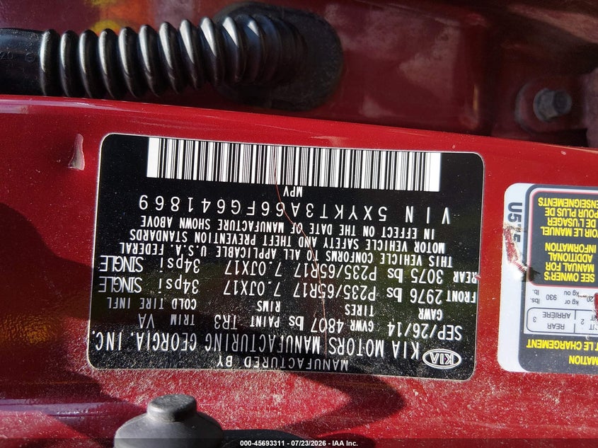 2015 Kia Sorento VIN 5XYKT3A66FG641869 IAAI salvage auction — NORMAL WEAR, Original (Ohio), sold $75 on 2026-07-30 (photo 9)