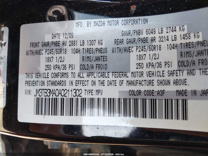 2010 Mazda Cx-9 VIN JM3TB3MA0A0211302 IAAI salvage auction — LEFT SIDE, Salvage (Ohio), sold $300 on 2026-08-24 (photo 9)