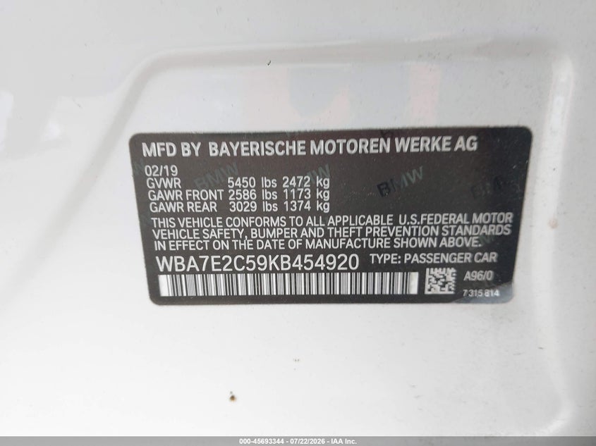 2019 BMW 7er VIN WBA7E2C59KB454920 IAAI salvage auction — FRONT END, Wait Title, sold $10,250 on 2026-10-07 (photo 9)