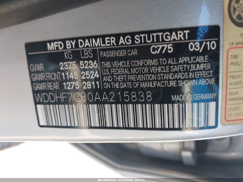 2010 Mercedes-benz E-class VIN WDDHF7CB0AA215838 IAAI salvage auction — NORMAL WEAR, Clear - Dealer Only (California), sold $600 on 2026-08-05 (photo 9)