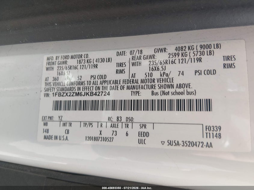 2018 Ford Transit-350 VIN 1FBZX2ZM6JKB42724 IAAI salvage auction — NORMAL WEAR, Sf97 (Washington), sold $15,100 on 2026-09-03 (photo 9)