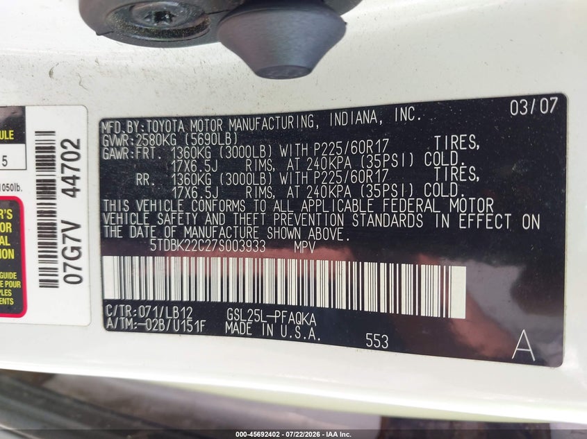 2007 Toyota Sienna VIN 5TDBK22C27S003933 IAAI salvage auction — NORMAL WEAR, Clear (New York), sold $25 on 2026-07-28 (photo 9)