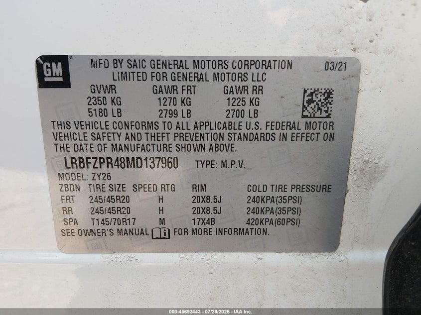 2021 Buick Envision VIN LRBFZPR48MD137960 IAAI salvage auction — LEFT FRONT, Salvage (Wisconsin), sold $8,300 on 2026-08-29 (photo 9)