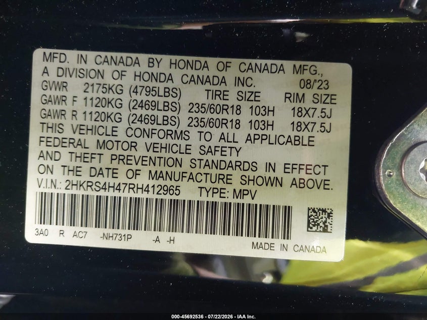 2024 Honda Cr-v VIN 2HKRS4H47RH412965 IAAI salvage auction — FRONT END, Wait Title, sold $10,675 on 2026-08-22 (photo 9)