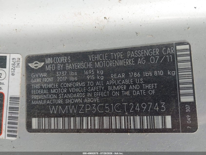 2012 Mini Cooper VIN WMWZP3C51CT249743 IAAI salvage auction — HAIL, Clear (Oklahoma), sold $225 on 2026-09-15 (photo 9)